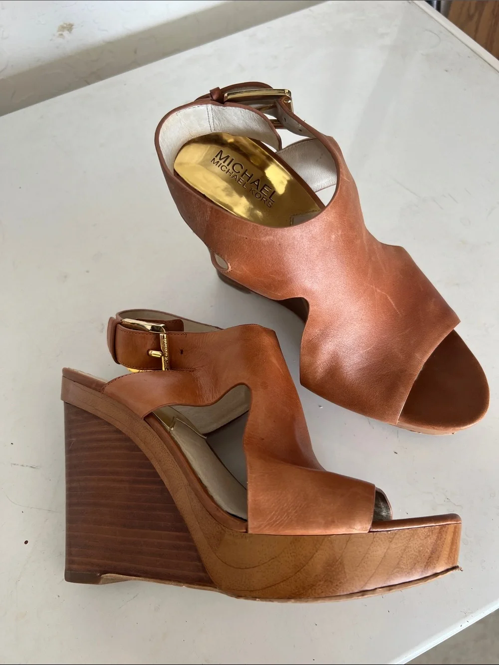 MICHAEL Michael Kors Tan Leather Wedge Sandals
